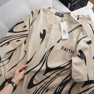 [ Big Men] Áo thun cotton in lụa toàn thân họa tiết phối chữ màu kem 85- 135 kg_ Faith