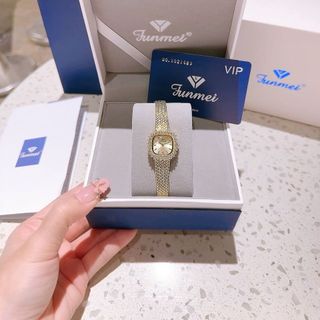 ĐỒNG HỒ NỮ CHÍNH HÃNG FUNMEI F2111 MẶT VUÔNG VIỀN HỘT TRÁI TIM DÂY LƯỚI THÉP FULLBOX TEM