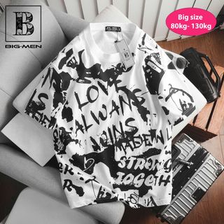 [ Big Men] Áo thun cotton họa tiết in lụa toàn phối chữ trắng 85- 135 kg_ Love.