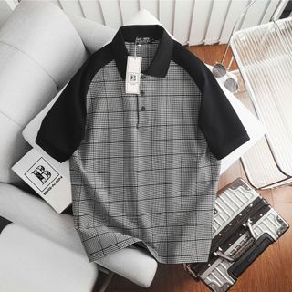 Big Men- Áo thun polo chất vải umi caro xám raplan phối tay đen thời trang bigsize nam 85- 130 kg
