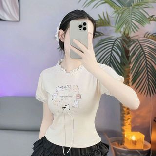 Áo viền ren in hình