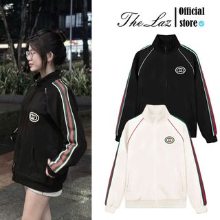 Bomber Logo Thêu Nổi Ở Ngực Phối Sọc Viền Vai Xanh Đỏ, Thời Trang Unisex, Vải Nỉ Chân Cua Dày Mịn 100%