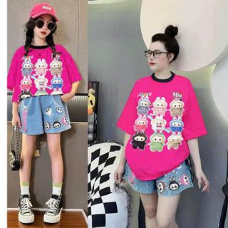 [15 - 68kg] Set áo thun labubu mẹ bé kèm quần short jean họa tiết co giãn thoải mái