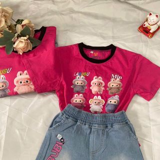 [15 - 68kg] Set áo thun labubu mẹ bé kèm quần short jean họa tiết co giãn thoải mái