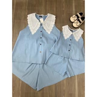 [Xả hàng] Bộ đồ mẹ bé - set bộ đồ đôi mẹ bé áo cổ ren kèm quần short đùi có túi