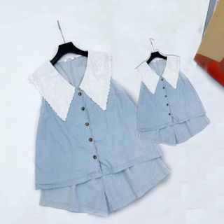 [Xả hàng] Bộ đồ mẹ bé - set bộ đồ đôi mẹ bé áo cổ ren kèm quần short đùi có túi