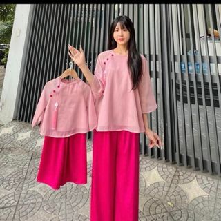 Set đồ lam mẹ và bé gái - đồ đi chùa mẹ và bé áo cánh dơi 2 lớp kèm quần phi lụa
