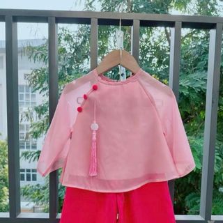 Set đồ lam mẹ và bé gái - đồ đi chùa mẹ và bé áo cánh dơi 2 lớp kèm quần phi lụa