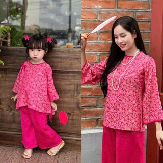 Set đồ lam mẹ và bé - set bộ đi chùa cho mẹ bé áo gấm 2 da kèm quần phi lụa mềm mịn