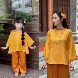 Set đồ lam mẹ và bé - set bộ đi chùa cho mẹ bé áo gấm 2 da kèm quần phi lụa mềm mịn
