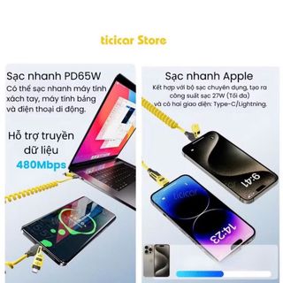 Dây Cáp Sạc Nhanh 27/65W, Cáp Sạc Lò Xo Đa Năng 4in1 Thiết Kế LÒ XO Kéo Dài 1.5M Tiện Lợi
