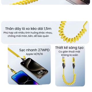 Dây Cáp Sạc Nhanh 27/65W, Cáp Sạc Lò Xo Đa Năng 4in1 Thiết Kế LÒ XO Kéo Dài 1.5M Tiện Lợi