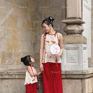[Tặng xược ngọc] Set bộ áo yếm mẹ bé họa tiết kèm quần lụa - set bộ mẹ bé chụp ảnh trung thu và tết