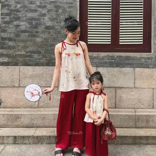 [Tặng xược ngọc] Set bộ áo yếm mẹ bé họa tiết kèm quần lụa - set bộ mẹ bé chụp ảnh trung thu và tết