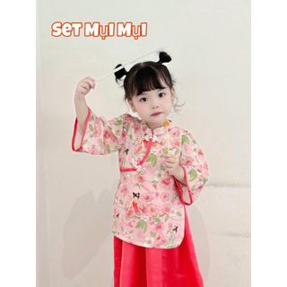 [Mẹ và bé + tặng cài ngọc] Set áo cổ tàu họa tiết kèm váy xòe mẹ bé mặc trung thu/ tết