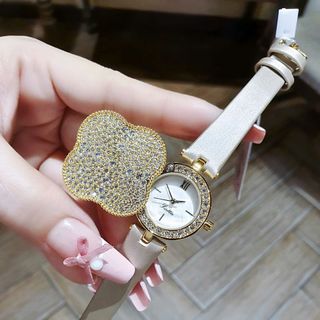 ĐỒNG HỒ NỮ CHÍNH HÃNG SCOTTIE DÂY DA MẶT CỎ BỐN LÁ NẮP MỞ