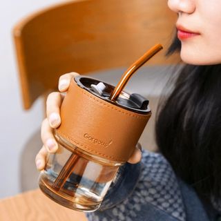 LY THỦY TINH BỌC DA KÈM ỐNG HÚT 450ML