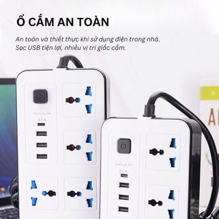 ổ điện đa năng 6 ổ cắm 3 usb 1 sạc nhanh dây cắm 1m8 2 màu đen trắng