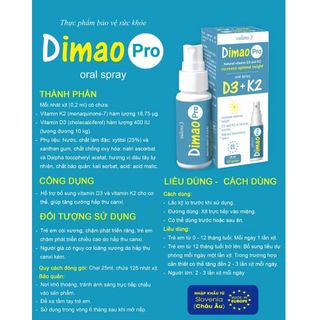 Vitamin D3K2 DIMAO PRO Dạng Xịt, Tăng Cường Hấp Thu Canxi, Phát Triển Chiều Cao Cho Bé 25ml Men Vi Sinh vitamind3k 2