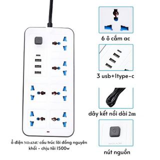 ổ điện đa năng 6 ổ cắm 3 usb 1 sạc nhanh dây cắm 1m8 2 màu đen trắng