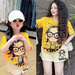 [Kèm quần] Set bộ thun mẹ và bé - áo in hình THINIW 2 mặt siêu hot kèm quần short đùi