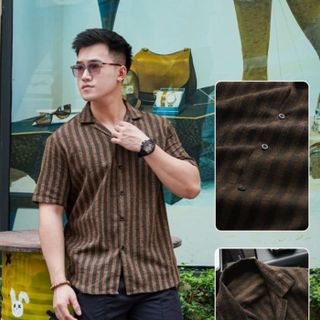 Áo sơ mi nam họa tiết Kelly TUTO5 Menswear SMD04 - sơ mi ngắn tay cổ vest vải đũi thô hàn thoáng mát, form thoải mái