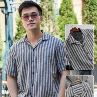 Áo sơ mi nam họa tiết Kelly TUTO5 Menswear SMD04 - sơ mi ngắn tay cổ vest vải đũi thô hàn thoáng mát, form thoải mái