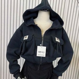 Áo khoác dáng lửng croptop có nón chất nỉ dệt XK dày túi nắp logo M