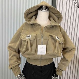 Áo khoác dáng lửng croptop có nón chất nỉ dệt XK dày túi nắp logo M