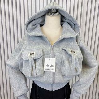 Áo khoác dáng lửng croptop có nón chất nỉ dệt XK dày túi nắp logo M