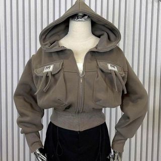 Áo khoác dáng lửng croptop có nón chất nỉ dệt XK dày túi nắp logo M giá sỉ - giá bán buôn