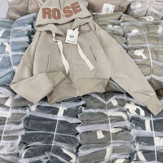 Áo khoác NỮ chất nỉ XK dày dặn dáng lửng thêu nón ROSE dây kéo cao, hình thật giá sỉ - giá bán buôn