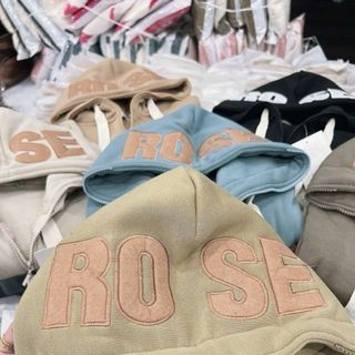 Áo khoác NỮ chất nỉ XK dày dặn dáng lửng thêu nón ROSE dây kéo cao, hình thật giá sỉ - giá bán buôn