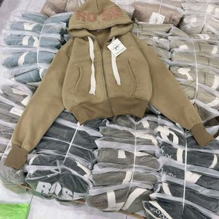 Áo khoác NỮ chất nỉ XK dày dặn dáng lửng thêu nón ROSE dây kéo cao, hình thật giá sỉ - giá bán buôn