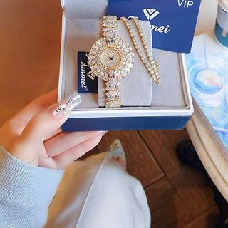 SET ĐỒNG HỒ NỮ CHÍNH HÃNG FUNMEI MẶT HOA VÀNG ĐÍNH ĐÁ PHA LÊ FULLBOX TEM giá sỉ