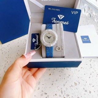 SET ĐỒNG HỒ NỮ DA CHÍNH HÃNG FUNMEI F2077 BẠC FULLBOX TEM