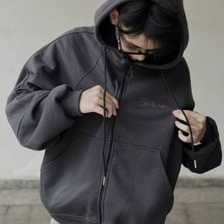 Áo khoác dây kéo from boxy 2 da dày dặn thêu nổi cổ cao form dạng boxy tay phồng nón rộng có 2 size L và Xl