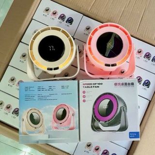Quạt turbo mini để bàn tích điện sạc usb 100 tốc độ gió kèm đèn ngủ có màn hình Led hiển thị thông Minh pin 4000mah