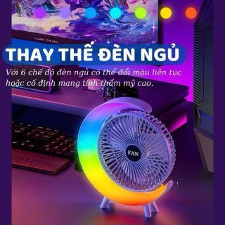 Quạt tích điện mini,quat để văn phòng tích hợp đèn ngủ mặt trăng 7 màu làm mát với 3 tốc độ gió êm ái,điều hòa không khí