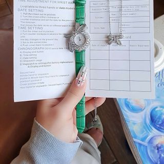 SET ĐỒNG HỒ NỮ CHÍNH HÃNG FUNMEI DÂY DA MẶT NƠ ĐÁ FULLBOX TEM