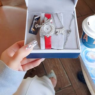 SET ĐỒNG HỒ NỮ CHÍNH HÃNG FUNMEI DÂY DA MẶT NƠ ĐÁ FULLBOX TEM