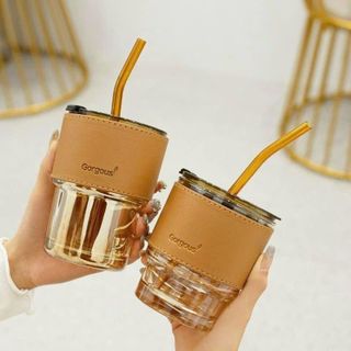 Ly Thuỷ Tinh Bọc Da Kèm Ống Hút 450ML