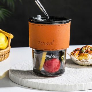Ly Thuỷ Tinh Bọc Da Kèm Ống Hút 450ML