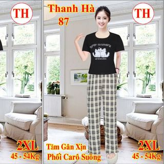 Đồ Bộ Nữ Áo Thun Tăm Xịn Phối Quần Caro Ống Suông