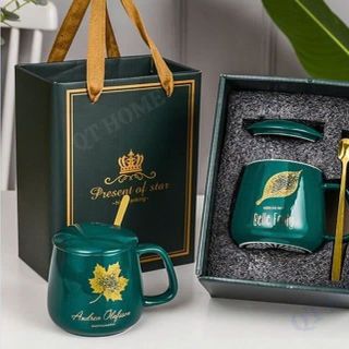 BỘ CỐC SỨ KÈM MUỖNG MÀU XANH QUÀ TẶNG
