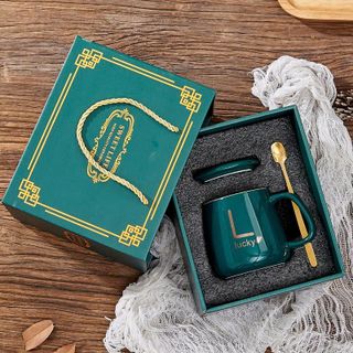 BỘ CỐC SỨ KÈM MUỖNG MÀU XANH QUÀ TẶNG