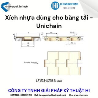 Xích nhựa dùng cho băng tải. Hãng Unichain. Loại Unichains 828 K325