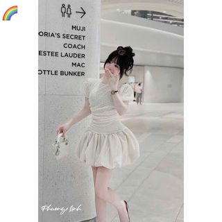 ĐẦM REN CỘC TAY NHÚNG EO VÁY PHỒNG QC