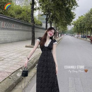ĐẦM MAXXI CỌC TAY CHẤM BI CỔ PHỐI REN HÀNG QC
