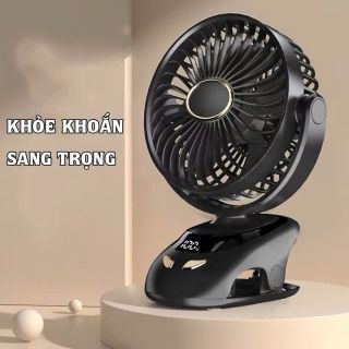 Quạt Kẹp Bàn Tích Điện Mini Cầm Tay - Quạt Mini Kẹp Bàn Tích Điện 5 MỨC 100 CẤP ĐỘ GIÓ CÓ HIỂN THỊ % PIN, Xoay 360 Có Đèn LED PIN 10000MAH